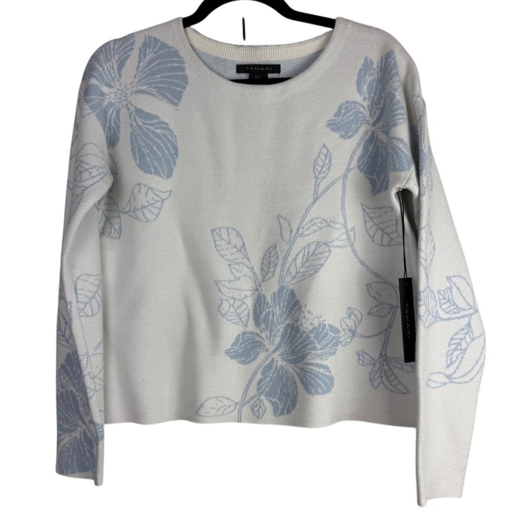 Tahari Floral Knit Crew Neck Sweater Blue White Long Sleeve Top Small NWT Floral